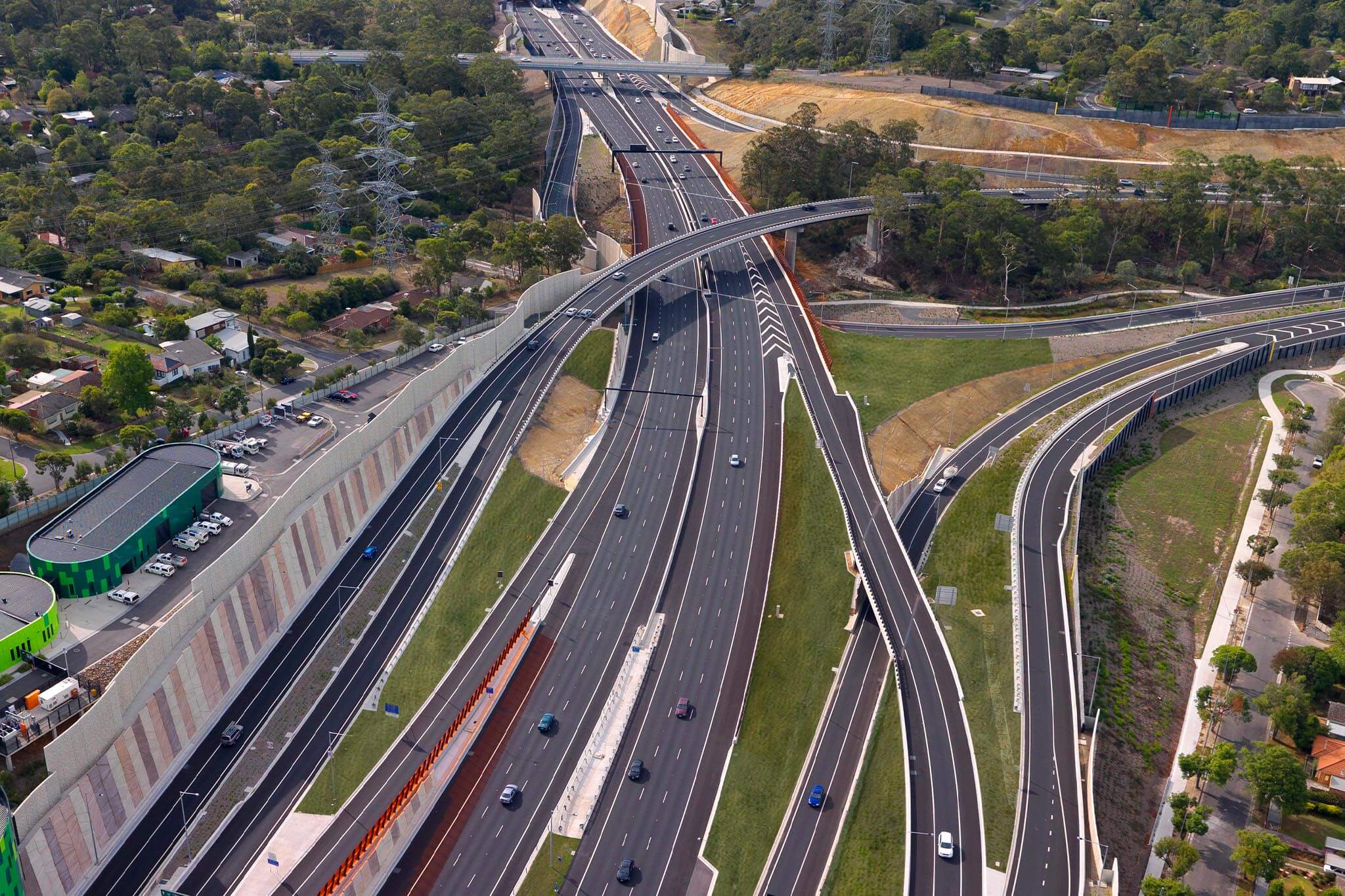Aerial view of the intertwining roads of the EastLink in Victoria